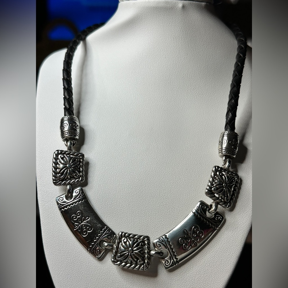 Brighton Heavy Black Braided Cord Statement Silver Plated Necklace Retired 1450